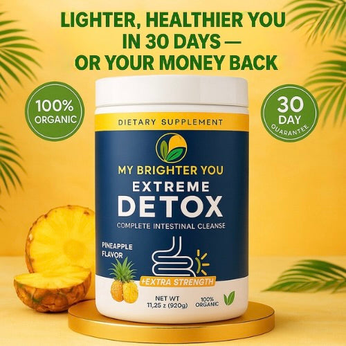 My Brighter You Extreme Detox supplement container with promotional text on a yellow background
