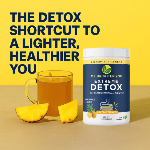 My Brighter You Extreme Detox supplement with a glass of tea and pineapple slices on a yellow background