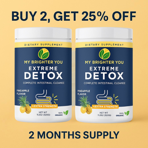 Two bottles of 'My Brighter You Extreme Detox' on a yellow background with promotional text.
