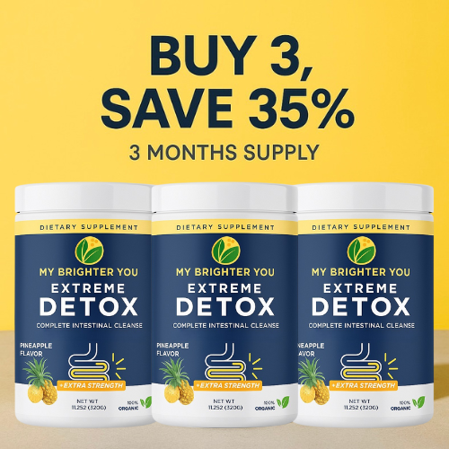 Three bottles of 'My Brighter You Extreme Detox' on a yellow background with promotional text.