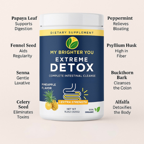 Dietary supplement bottle labeled 'My Brighter You Extreme Detox' with ingredients listed on a beige background.
